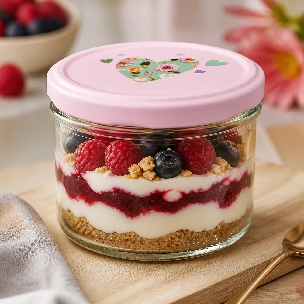 230ml Zylinderglas + BasicSeal Deckel Herz rosa 230ml Einmachglas gefüllt mit Beerenschichtdessert, rosa Herz-Deckel, praktisch für Meal Prep und Desserts