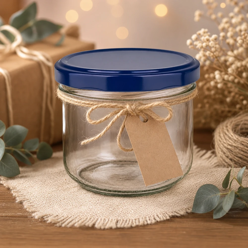 260ml Sturzglas + BasicSeal Deckel blau UNiTWIST 260ml Sturzglas mit blauem UNiTWIST Deckel dekorativ arrangiert mit Juteschleife und Geschenkanhänger als Präsent