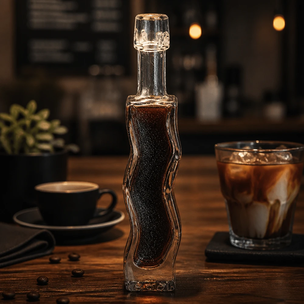 Bottiglia di vetro da 40 ml Anna riempita di sciroppo di caffè scuro Ambiente da bar Tavolo di legno Esempio di applicazione Accessori per baristi