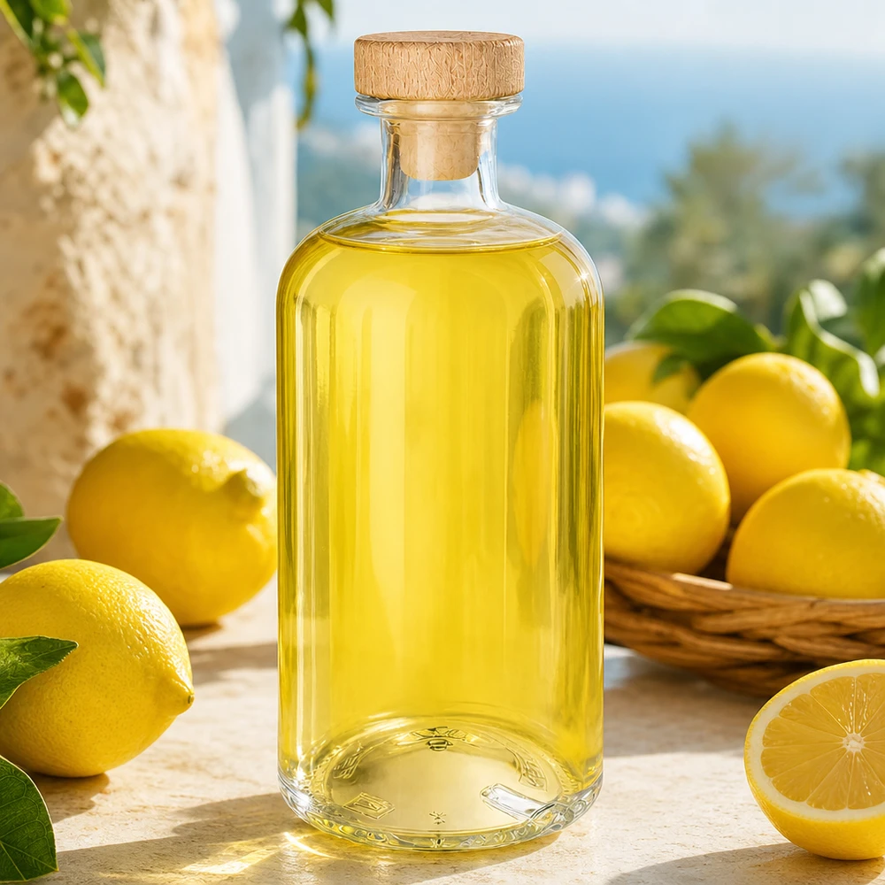 Flora 500ml bottiglia di vetro con tappo di legno riempita di liquido giallo tra limoni freschi su tavolo di legno