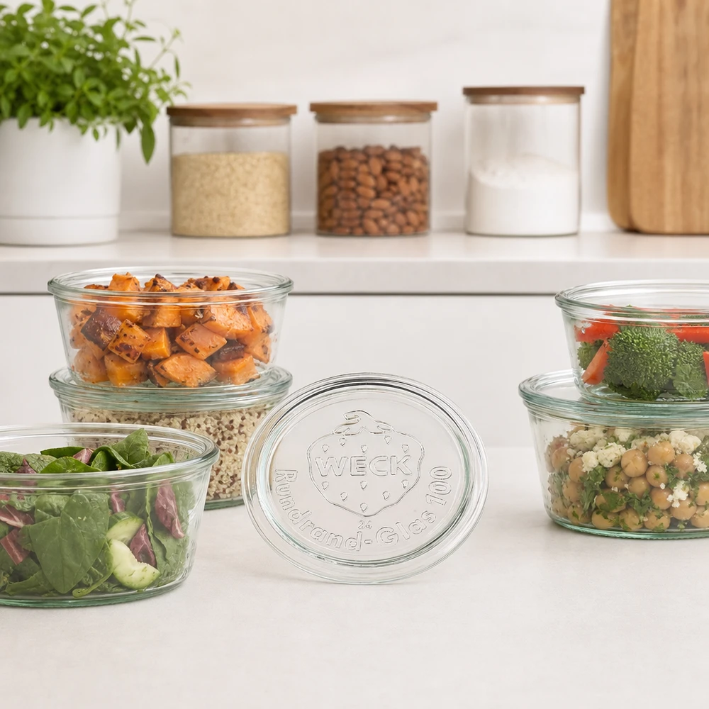 Coperchio per barattoli WECK RR100 Coperchio in vetro WECK RR100 per le ciotole per la preparazione dei pasti con insalate e verdure preparate nelle cucine moderne