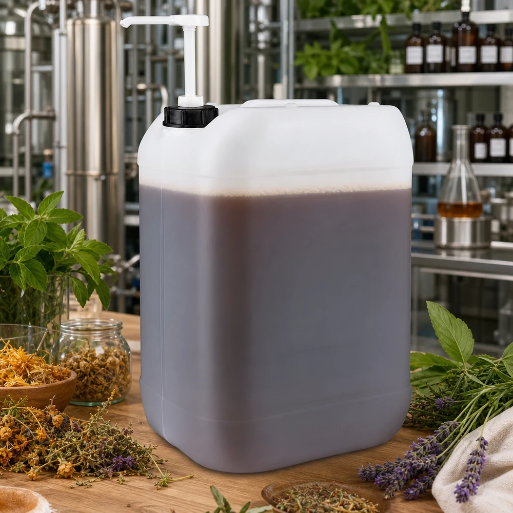 Jerrican de 25 litres avec pompe doseuse Bidon semi-transparent de 25 litres contenant un liquide brun et muni d'une pompe doseuse, dans un atelier d'herboristerie