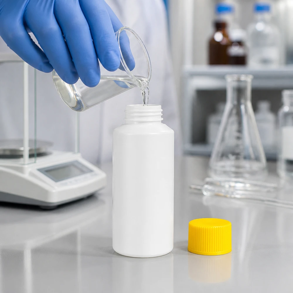Flacon de pharmacie en PEHD blanc de 30 ml avec bouchon jaune « SV » ; à utiliser avec des gants de protection lors du remplissage de substances chimiques