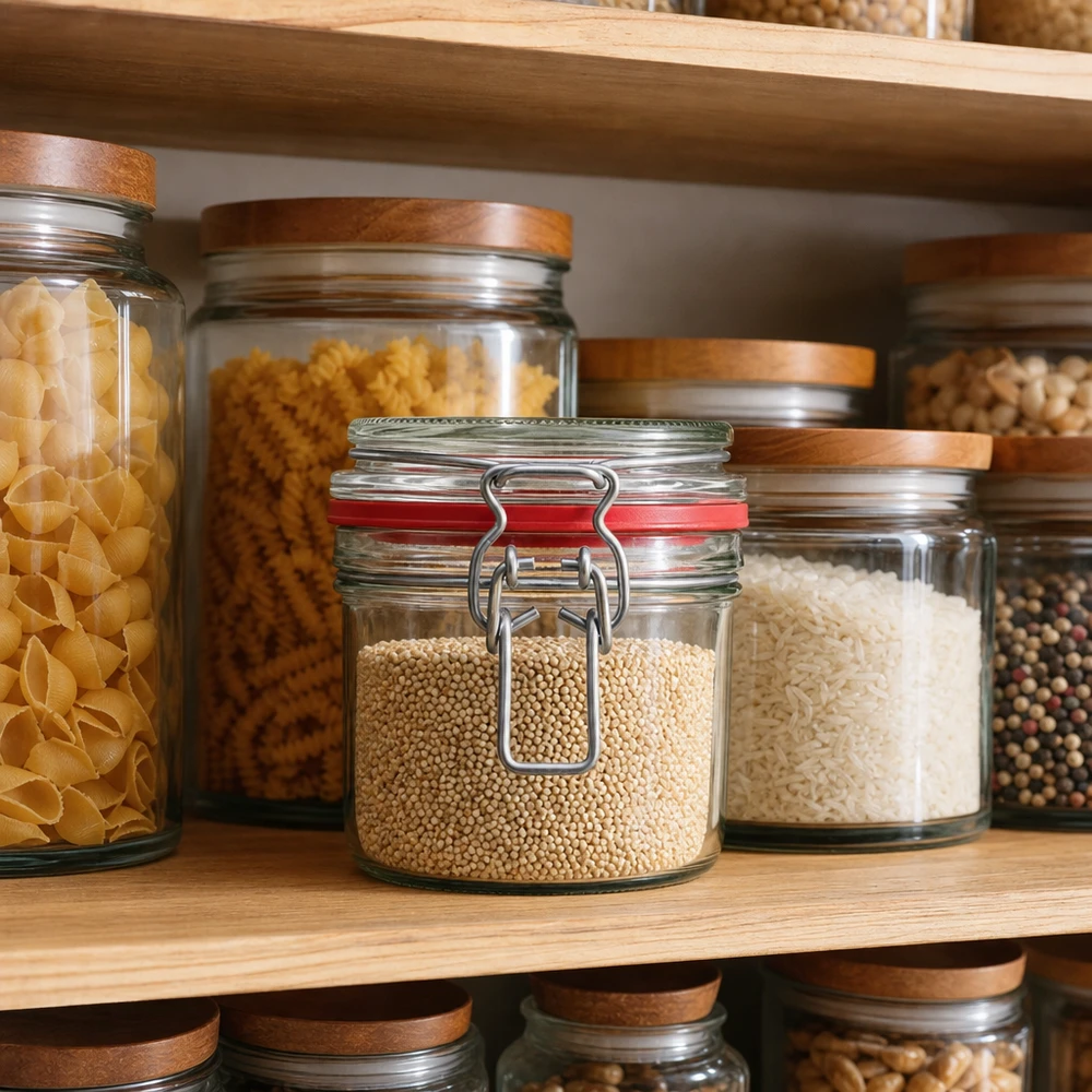 Barattolo da 255 ml, tipo G, con tappo a clip UN.. Vorratsgläser 255ml in organisierter Küchenpantry mit Nudeln, Reis und Gewürzen - praktische Küchenorganisation