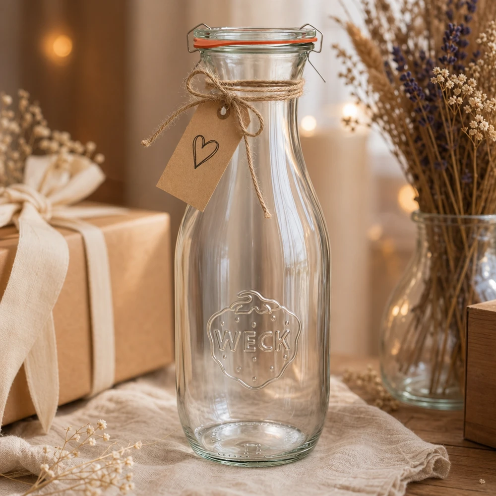 Bottiglia per succhi da 1062 ml, set completo WECK RR60 Bottiglia di succo WECK 1062ml RR60 decorativa con corda di iuta e ciondolo a cuore come regalo rustico