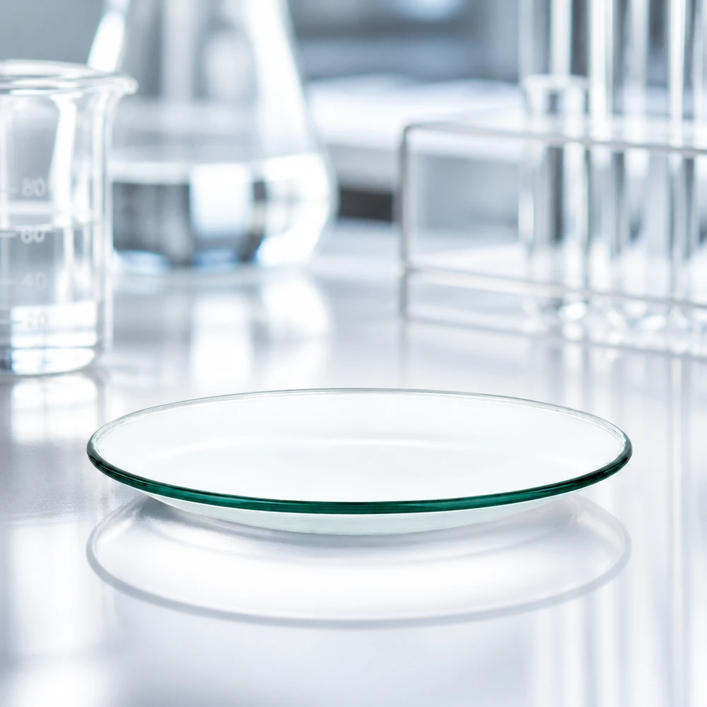 Piatto in vetro da orologio lucido da 70 mm con superficie riflettente in un ambiente di laboratorio sterile