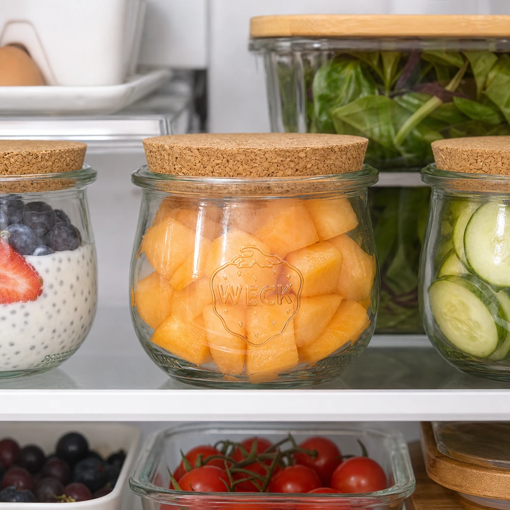 Vasetto per tulipani da 370 ml WECK RR80 con tappo in sughero naturale WECK Tulpenglas 370ml RR80 mit Naturkorken im Kühlschrank zur Aufbewahrung von Cantaloupe Melone und Gemüse
