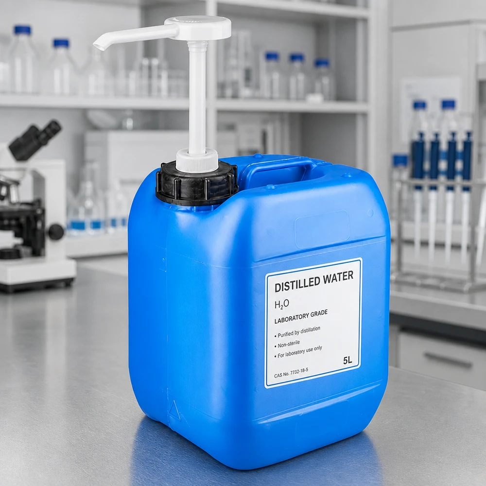 Bidon de 5 litres bleu avec pompe doseuse Bidon de laboratoire bleu de 5 litres avec pompe doseuse et étiquette « Eau distillée » en laboratoire