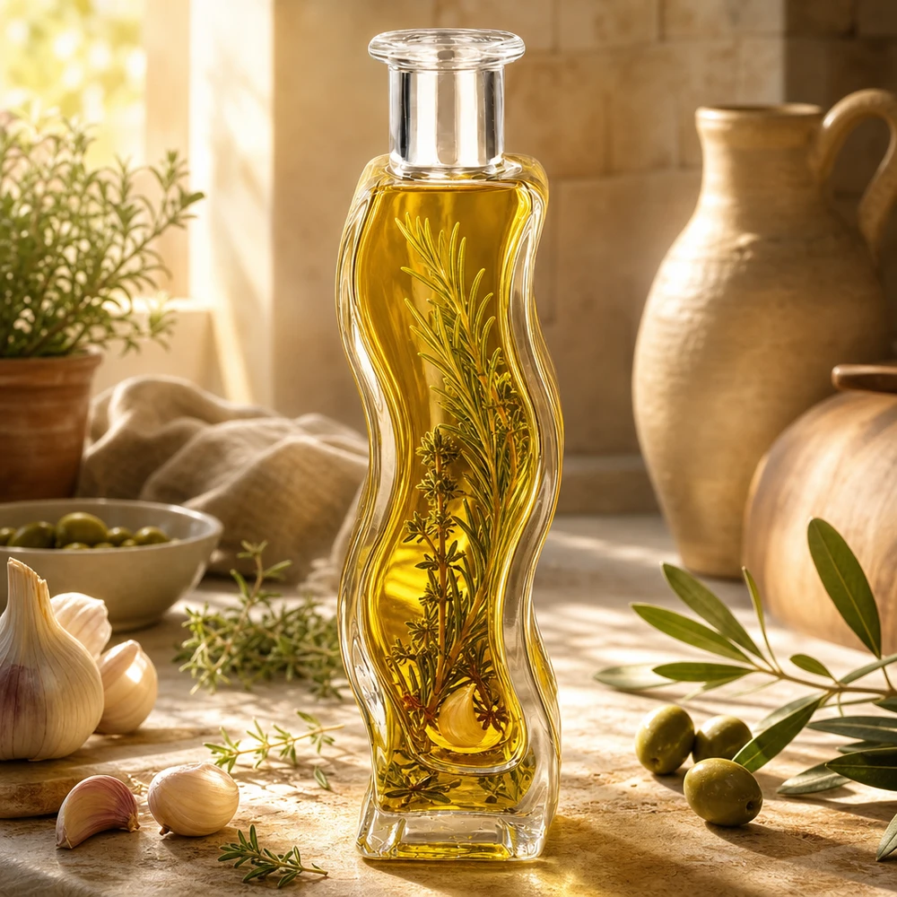 Bottiglia di vetro Melissa da 100 ml riempita con olio alle erbe e rametti di rosmarino in una cucina mediterranea con olive e ceramiche