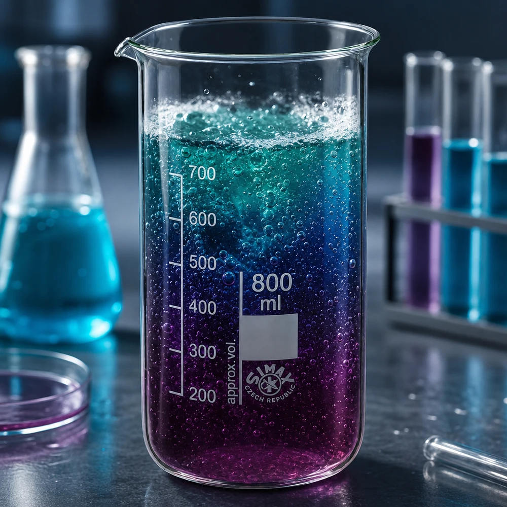Bicchiere da laboratorio da 800 ml, forma alta, con liquido dalle sfumature dal blu al viola e formazione di bolle in laboratorio