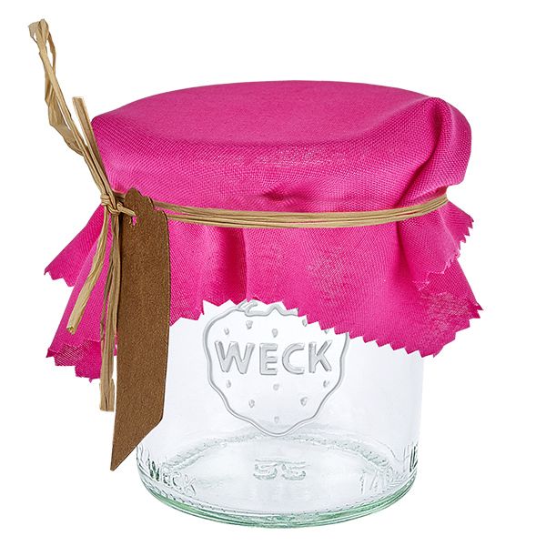 Centrino per gioielli in tessuto rosa 12cm quadrato Centrino decorativo in tessuto rosa di 12 cm quadrati su vaso Weck con etichetta marrone e rafia per coprire il coperchio