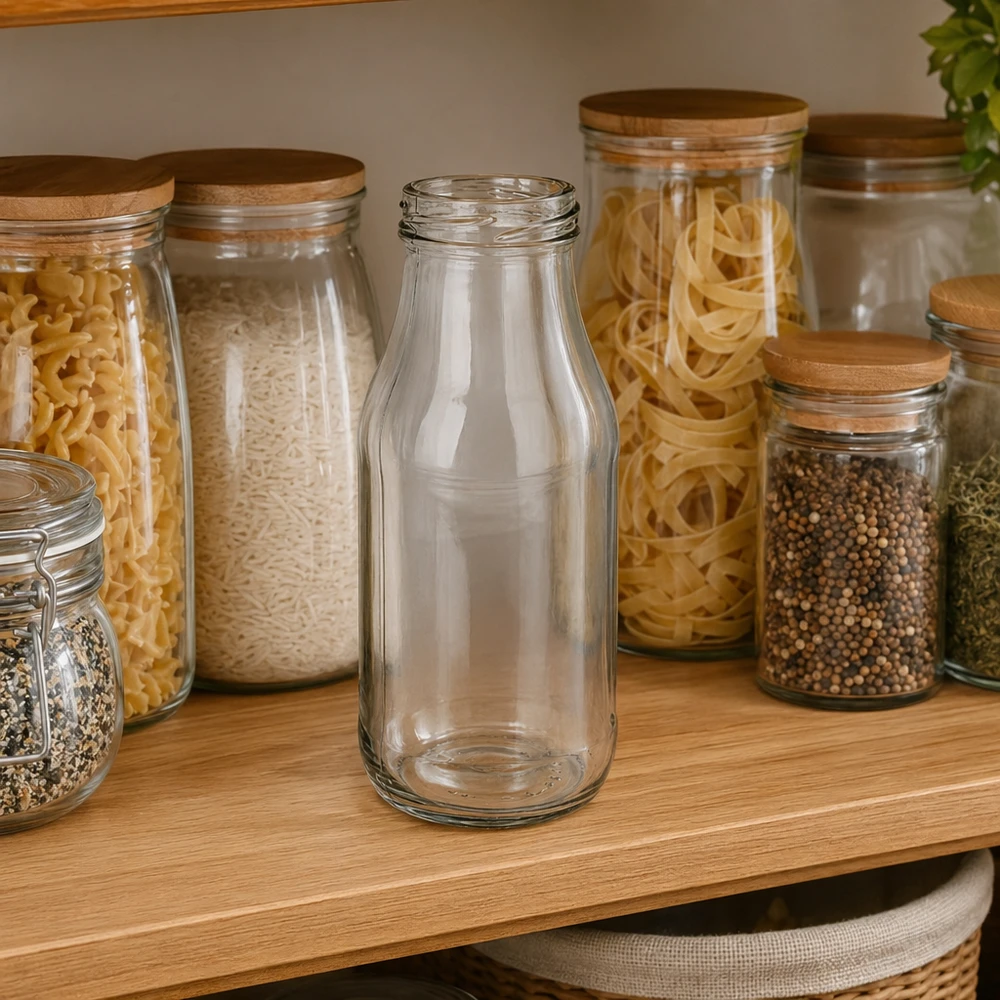 263ml Flasche ohne Deckel (TO43) UNiTWIST UNiTWIST Bottle263 Glasflasche 263ml TO43 leer transparent auf Holzregal neben Vorratsgläsern mit Pasta und Gewürzen