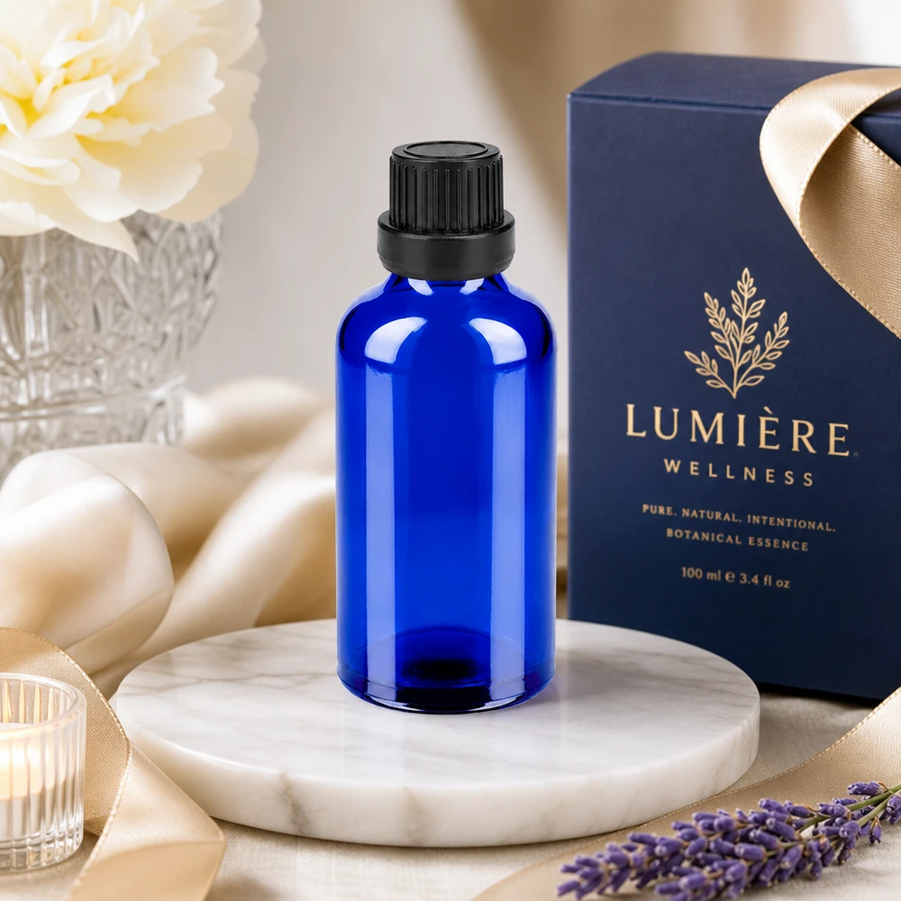 Robusto flacone in vetro BlueLine da 50 ml con tappo nero a prova di perdite