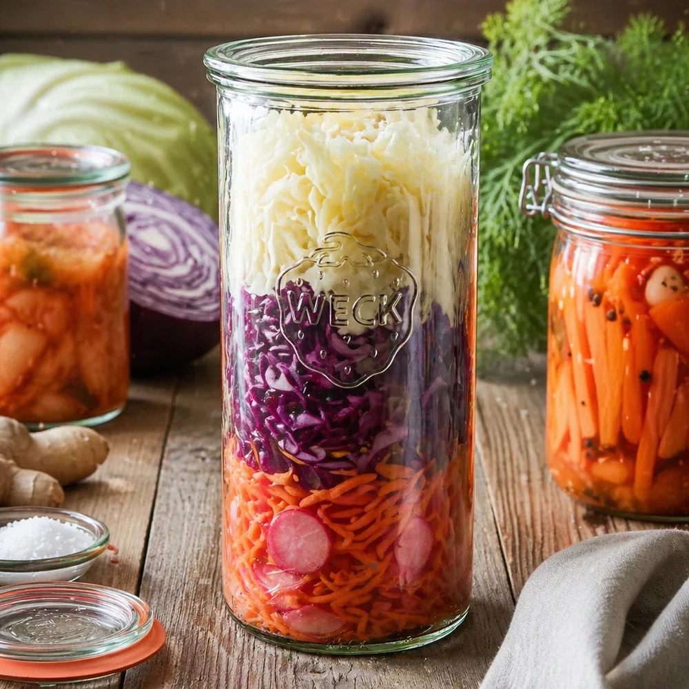 1500ml Sturzglas mit Glasdeckel WECK RR100 WECK Sturzglas 1500ml RR100 mit fermentiertem Gemüse Sauerkraut auf Holztisch zwischen frischen Zutaten