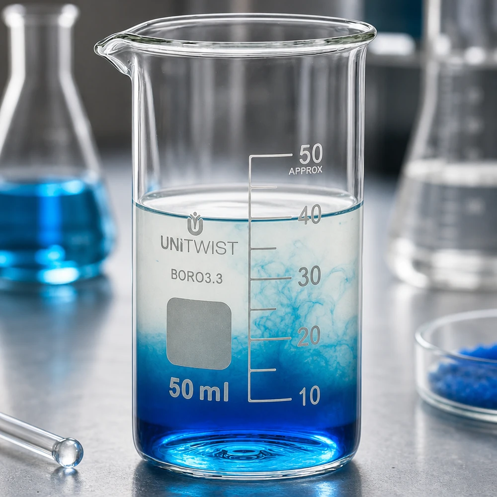 Bicchiere 50ml borosilicato, stampo alto UNITWIST Becher da laboratorio graduato da 50 ml, forma alta, borosilicato 3.3, con beccuccio, trasparente