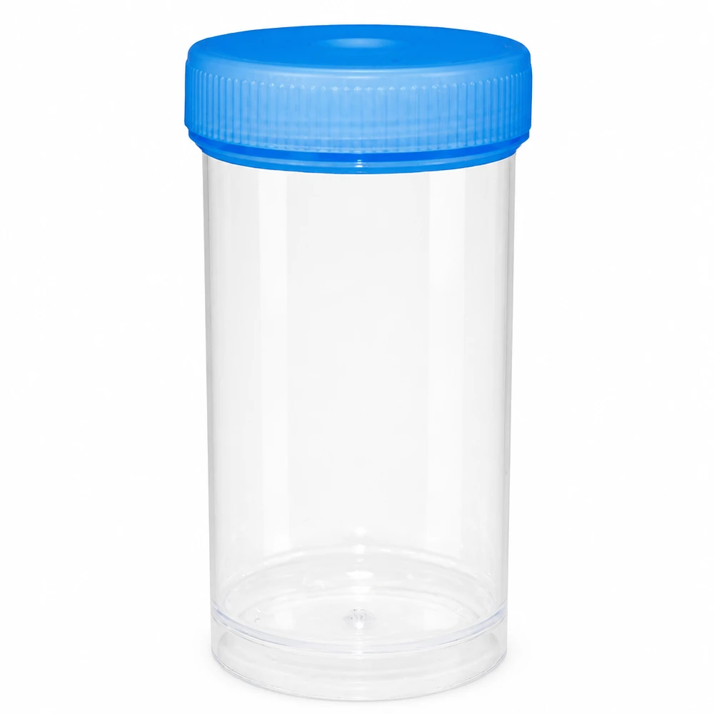 Récipient transparent à col large de 100 ml avec bouchon à vis bleu nervuré, destiné aux applications de laboratoire