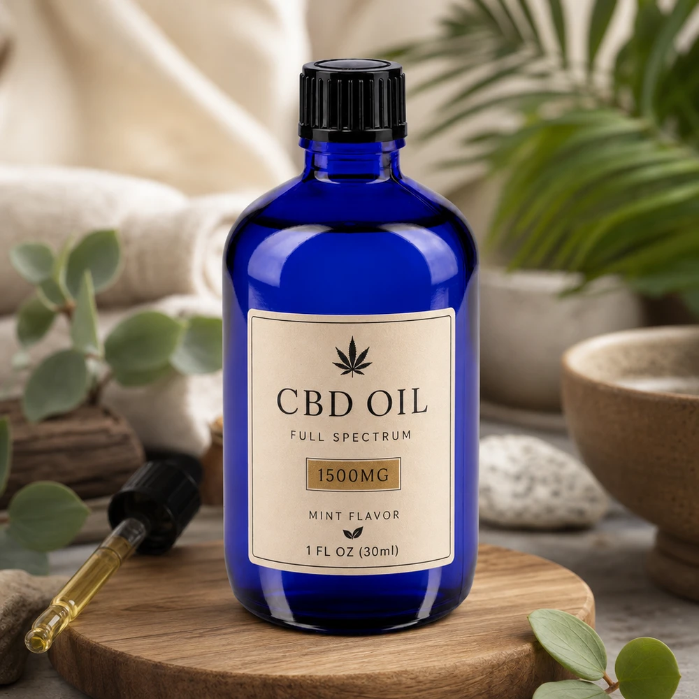 Flacon de pharmacie bleu 100ml bouchon compte-gouttes 1mm noir Std Flacon en verre bleu de 100 ml avec compte-gouttes de 1 mm pour huile de CBD et remèdes naturels, posé sur un socle en bois