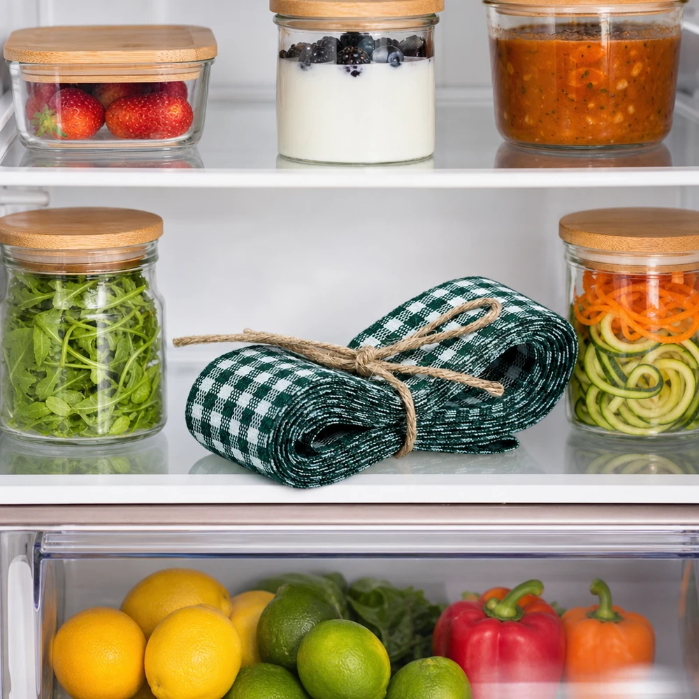 Nastro in tessuto verde/bianco per decorazioni, 300 cm Grün-weißes Stoffband 300cm gerollt im Kühlschrank zwischen Vorratsgläsern und frischem Gemüse als Küchenorganisation