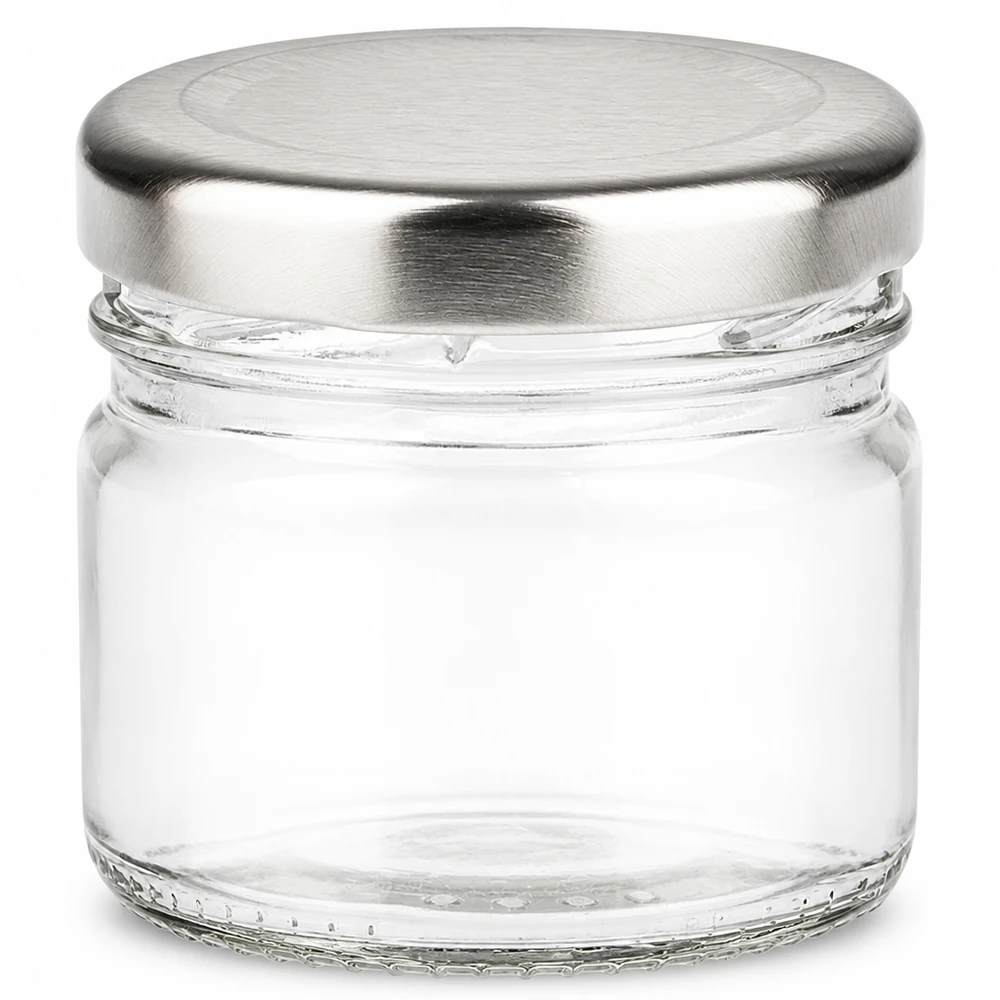 Mini Einmachglas 33ml aus klarem Glas mit gebürstetem Metalldeckel silber UniTwist