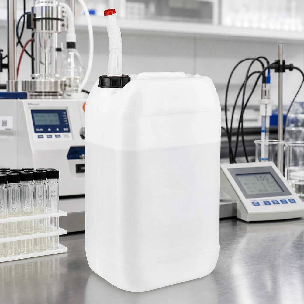 Kanister 15 Liter mit Auslaufrohr Flex Chemikalienkanister 15 Liter mit flexiblem Auslaufrohr neben pH-Meter im Labor