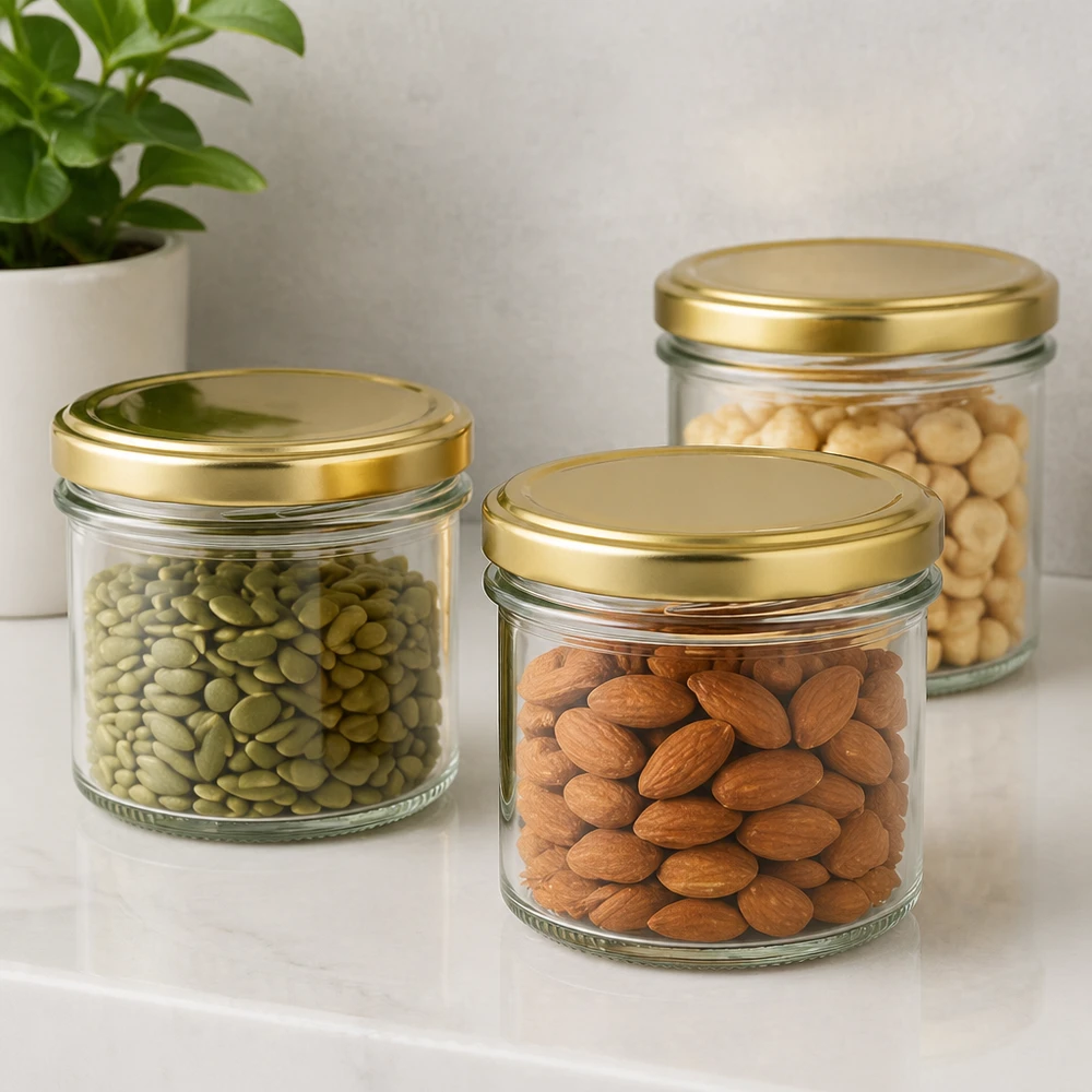 125ml Sturzglas mit BasicSeal Deckel gold UNiTWIST 125ml Sturzgläser mit BasicSeal Deckel gold für Nüsse und Trockenfrüchte - elegante Aufbewahrung in der Küche