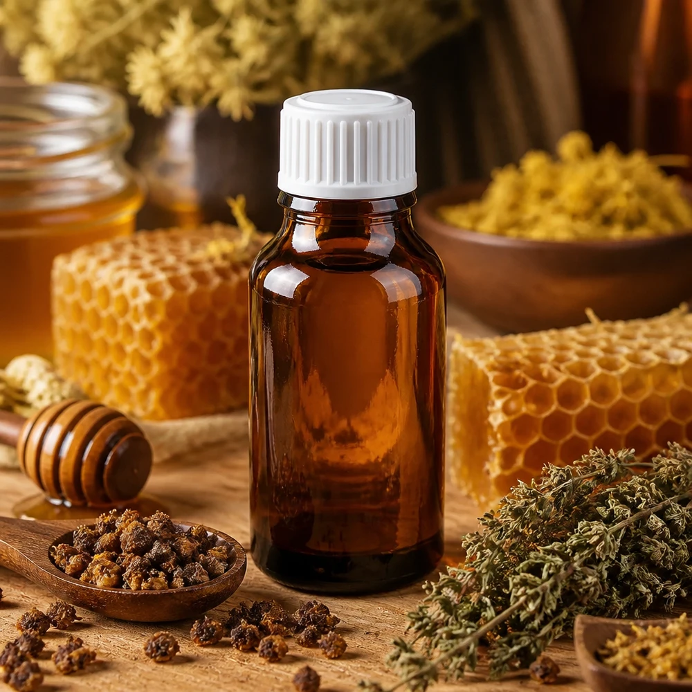Apothekerflasche braun 15ml weißer Schraubverschluss umgeben von Bienenprodukten und Thymian