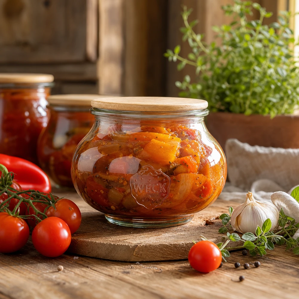 Barattolo WECK da 560 ml con coperchio in legno riempito di pomodoro spalmabile in una cucina rustica con ingredienti freschi