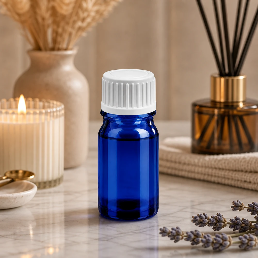 Flacone in vetro blu soffiato a bocca da 5 ml, dal design ergonomico per una facile manipolazione.