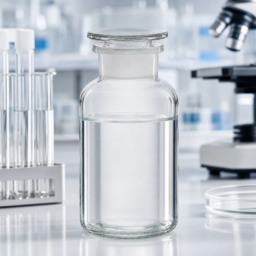 Bottiglia a spalla tonda da 500ml in vetro trasparente a collo largo con tappo Fiaschetta da farmacia da 500 ml a collo largo, trasparente, con tappo di vetro, su un tavolo da laboratorio bianco
