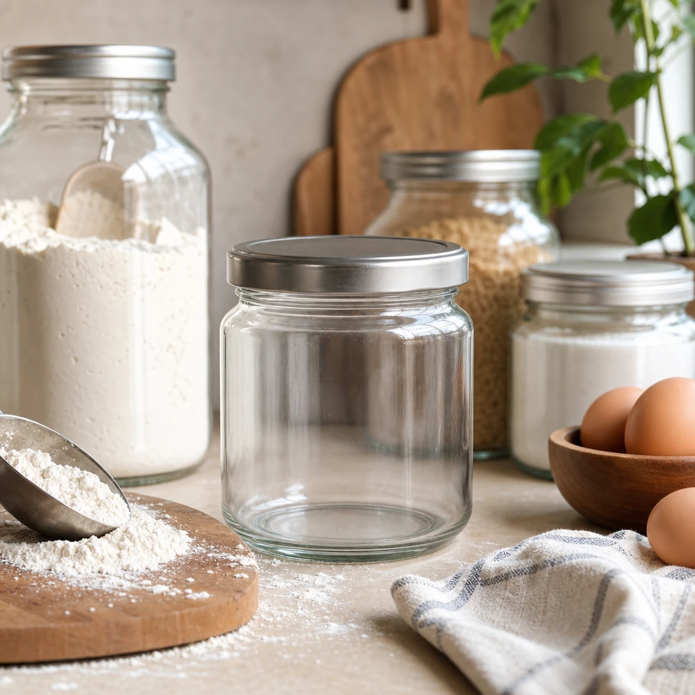Vaso rotondo da 212 ml vuoto in una scena di cucina con farina, uova e barattoli per la conservazione mostra una versatile organizzazione della cucina