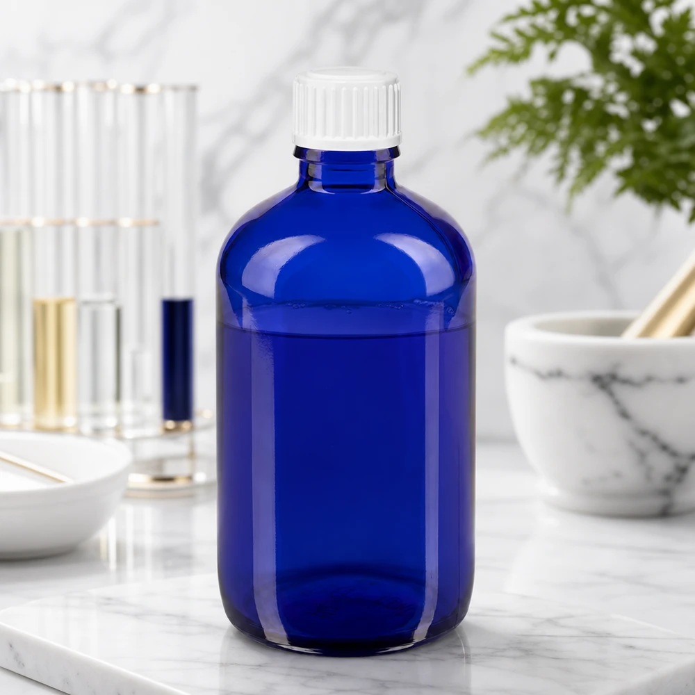 Flacon de pharmacie bleu 100ml bouchon compte-gouttes blanc 0.8mm Std Flacon compte-gouttes opaque de 100 ml, bleu cobalt, avec embout doseur de précision de 0,9 mm, destiné aux applications de laboratoire