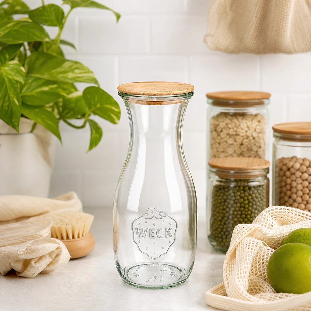 530ml Saftflasche WECK RR60 mit Holzdeckel WECK Saftflasche 530ml RR60 mit Holzdeckel in nachhaltiger Zero-Waste Küche neben Öko-Produkten und Pflanzen