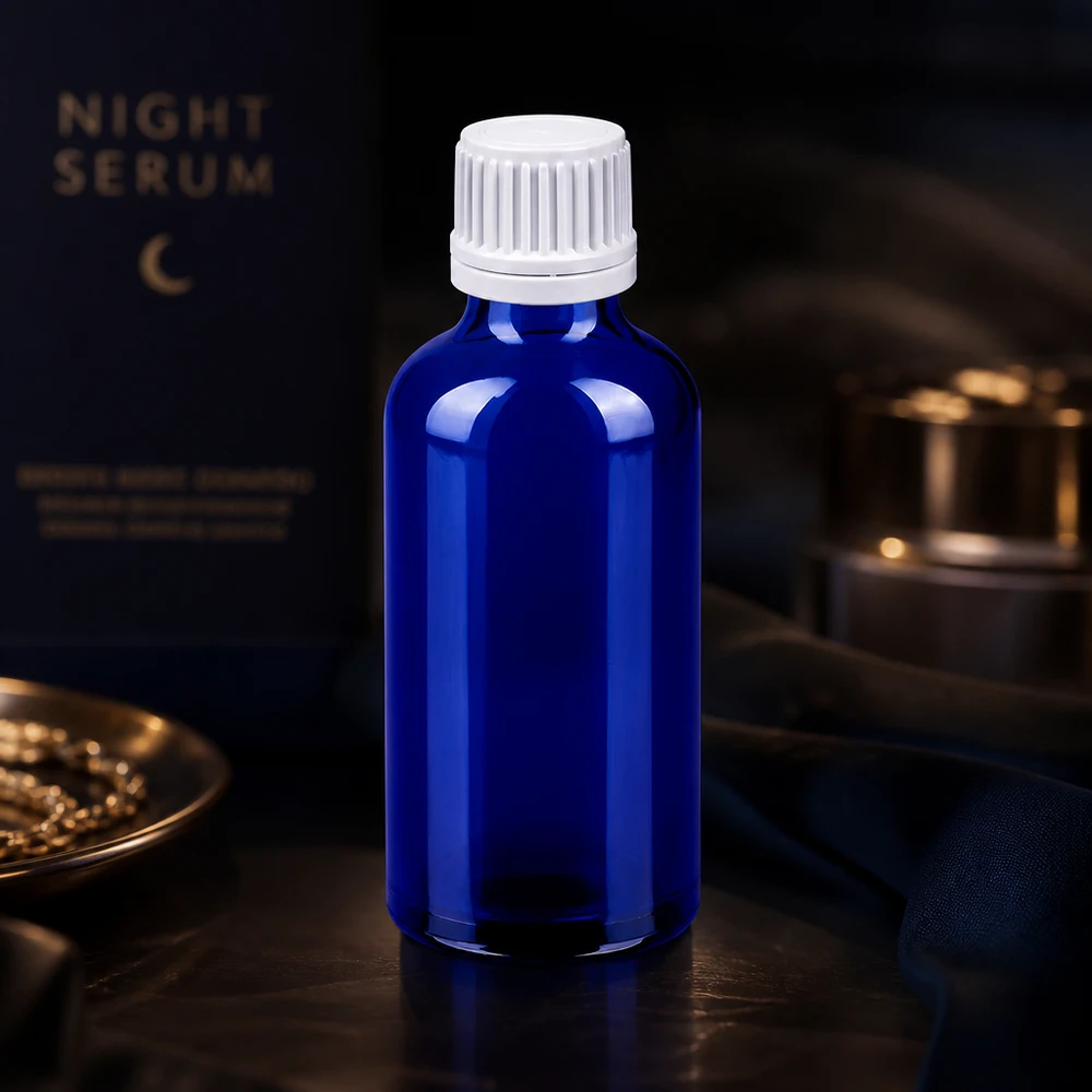 50ml Flasche 11mm Schraubverschluss weiß Originalitätsverschluss BlueLine UT18/50 Professionelle 50ml Blauglasflasche mit auslaufsicherem Verschluss für flüssige Präparate