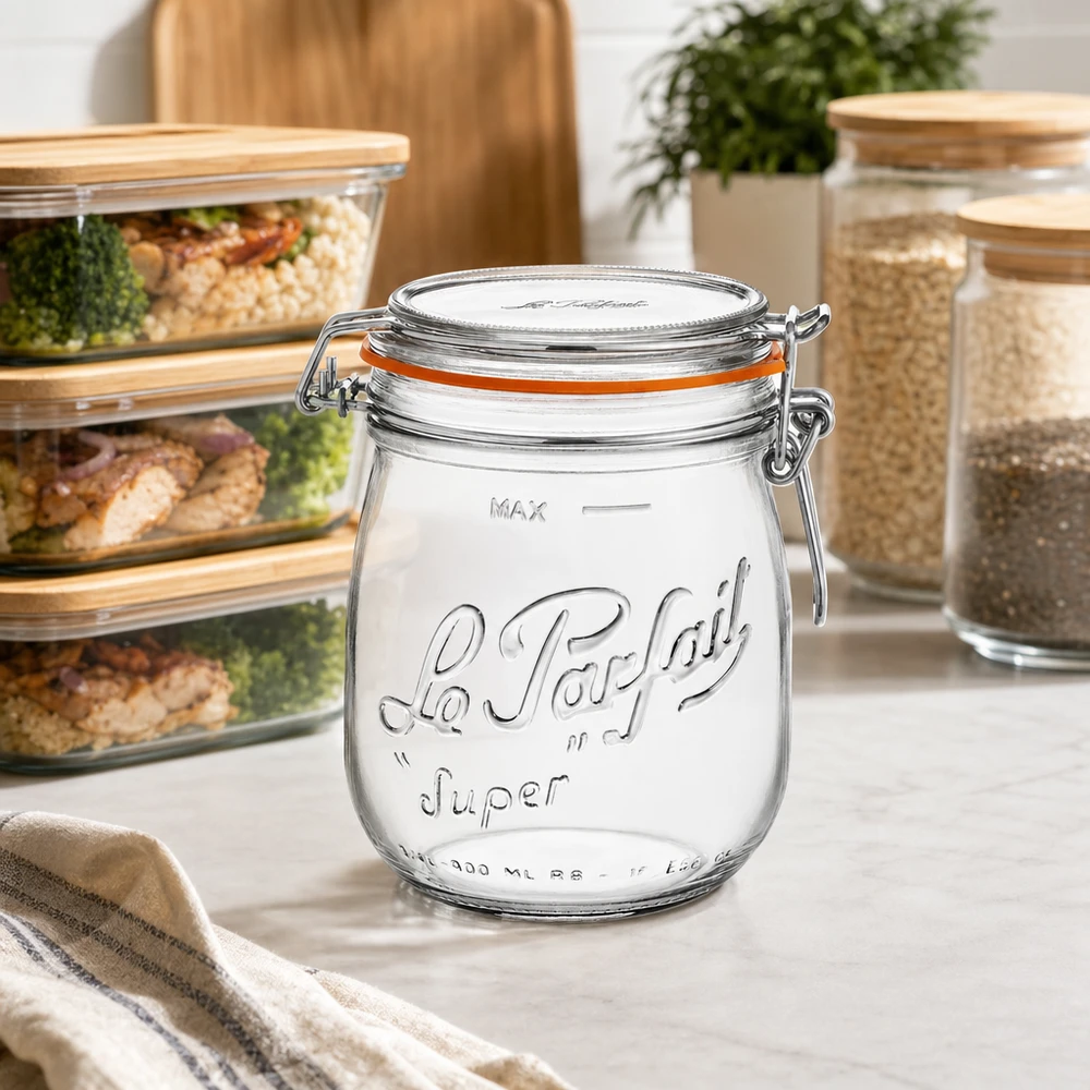 Vasetto Le Parfait® 750 ml Ø85 mm conserve Barattolo da 750 ml Le Parfait Super con tappo girevole in una cucina moderna insieme ad altri contenitori