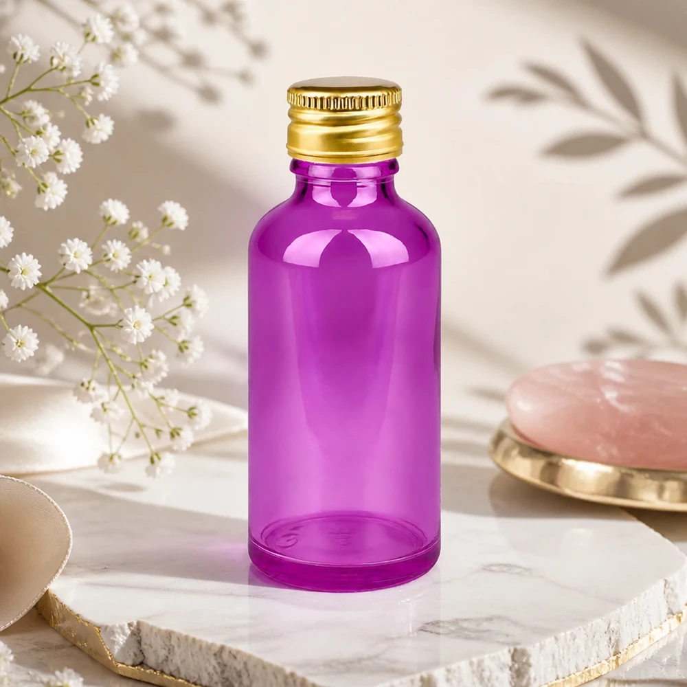 Flacone da 50ml tappo a vite 11mm alluminio oro standard PurpleLine. UT18/50 Pratico flacone in vetro viola da 50 ml con filo UT18, perfetto per le taglie da viaggio e i set di campioncini
