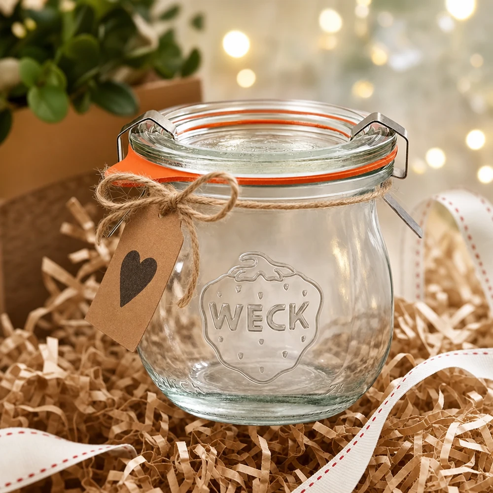Barattolo a tulipano da 75 ml completo WECK RR40 WECK vaso di tulipani 75ml RR40 come idea regalo, confezionato in modo decorativo con un ciondolo a cuore e un nastro regalo in un'atmosfera festosa
