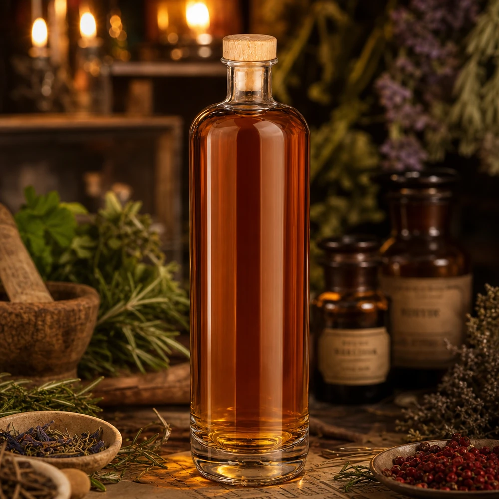 Bottiglia in vetro da 700 ml Ella con tappo in sughero con impugnatura in legno UNiTWIST® Bottiglia in vetro Ella da 700 ml con contenuto ambrato e tappo in legno, in un'atmosfera rustica da farmacia alle erbe