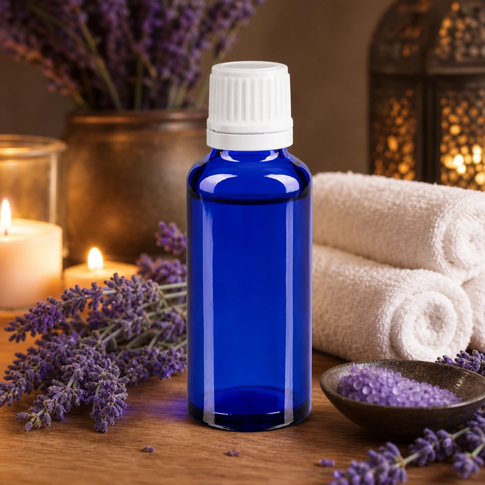 Apothekenflasche blau 30ml Tropfverschluss 1.2mm weiß Originalitätsverschluss UV-geschützte 30ml Flasche in Blauglas mit weißem Tropfverschluss für empfindliche Öle
