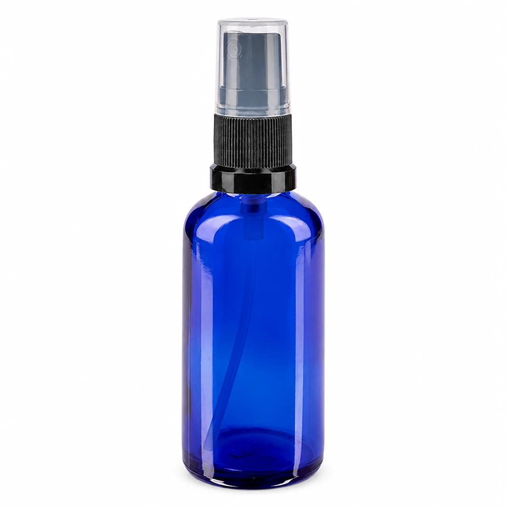 Apothekenflasche blau 50ml Sprayaufsatz schwarz Runde blaue Apothekerglasflasche 50ml mit schwarzem Sprühkopf und Schutzkappe
