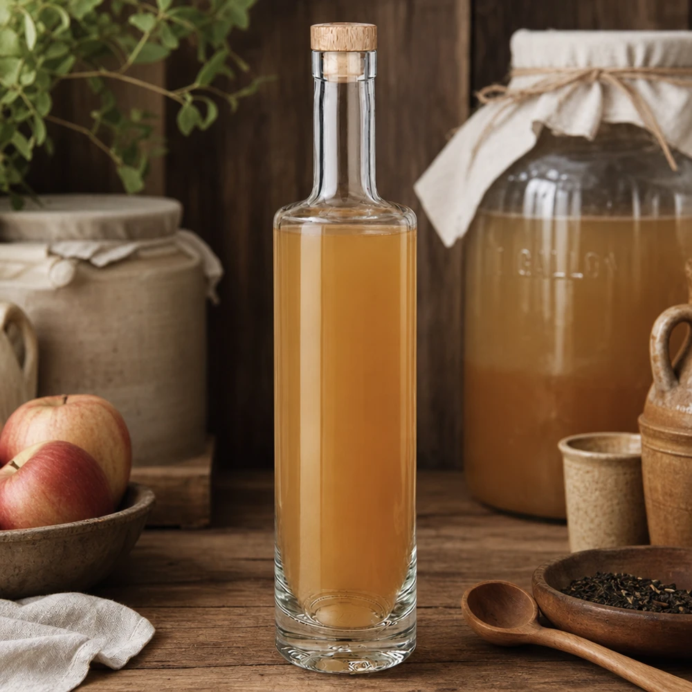 Bottiglia in vetro da 500 ml Lina con tappo in sughero con impugnatura in legno UNiTWIST® Bottiglia da 500 ml in vetro Lina con tappo in legno riempita di liquore alla mela Cucina rustica ambiente mele erbe aromatiche