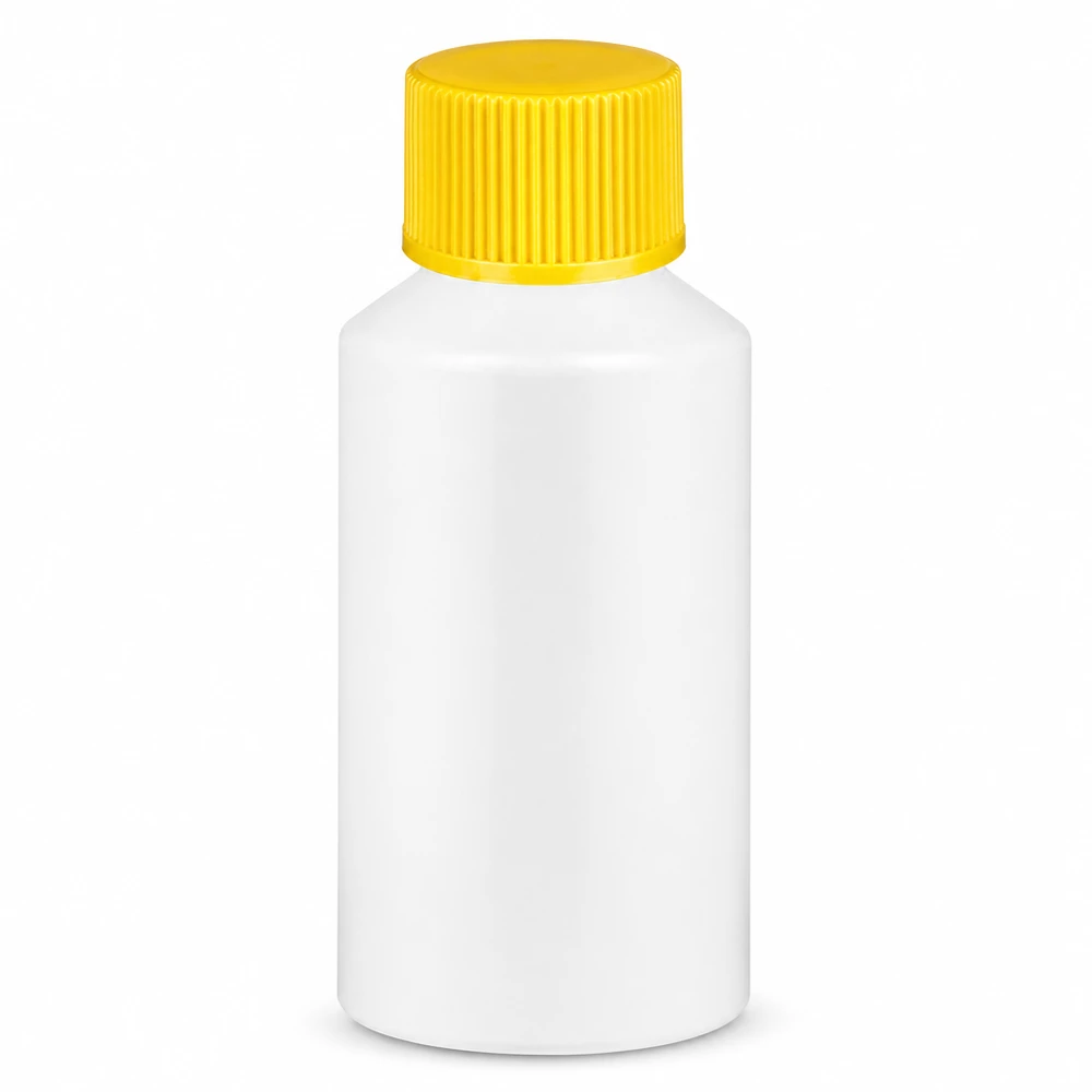 Weiße HDPE Rundflasche 50ml mit gelbem Sicherheitsverschluss für Apotheken und Labore