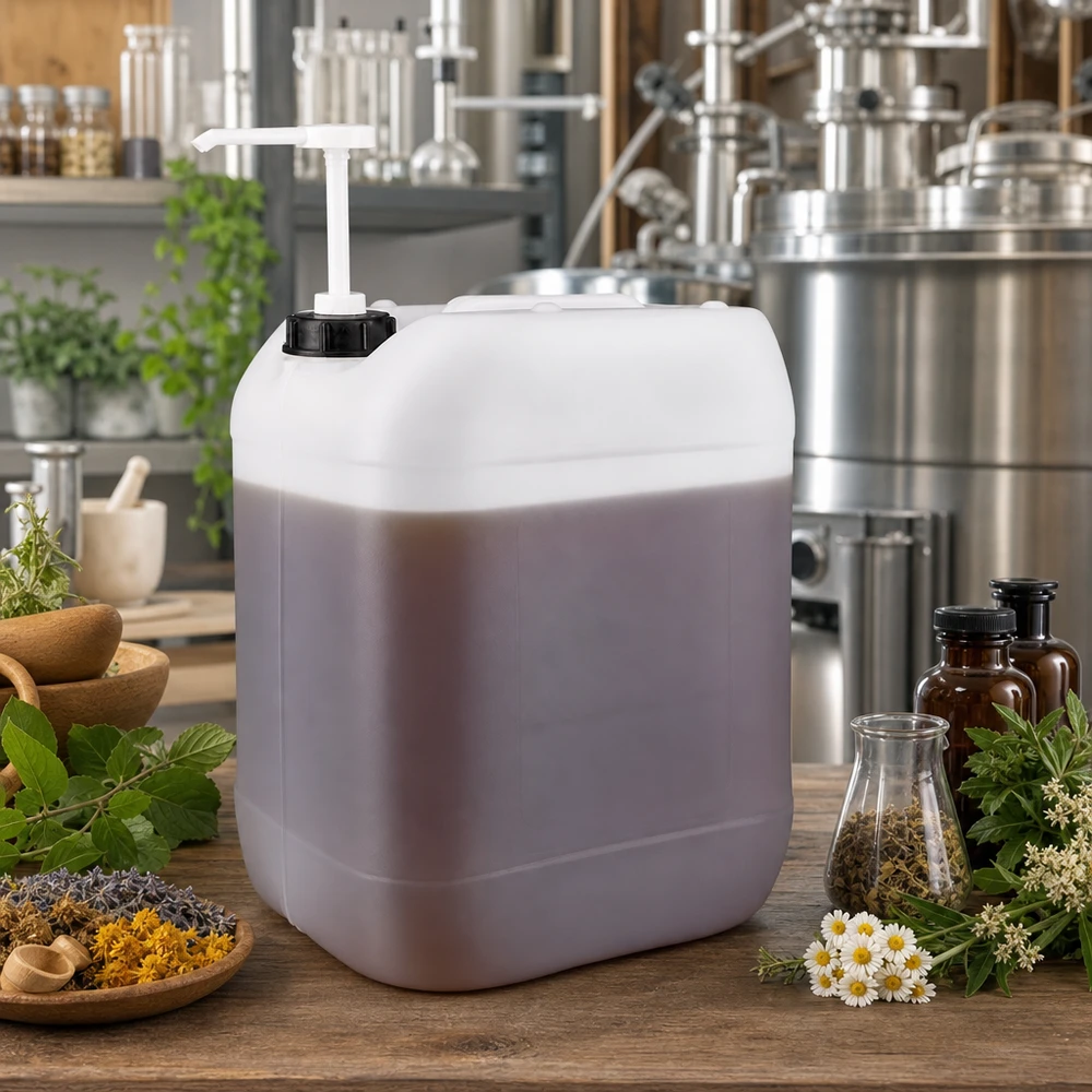 Jerrican de 20 litres avec pompe doseuse Bidon violet clair de 20 litres muni d'une pompe doseuse blanche, entouré de plantes médicinales et de fleurs séchées