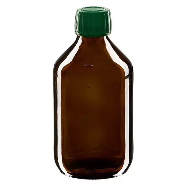 250ml Medizinflasche braun, Verschluss grün mit Originalitätsring ApoGlas