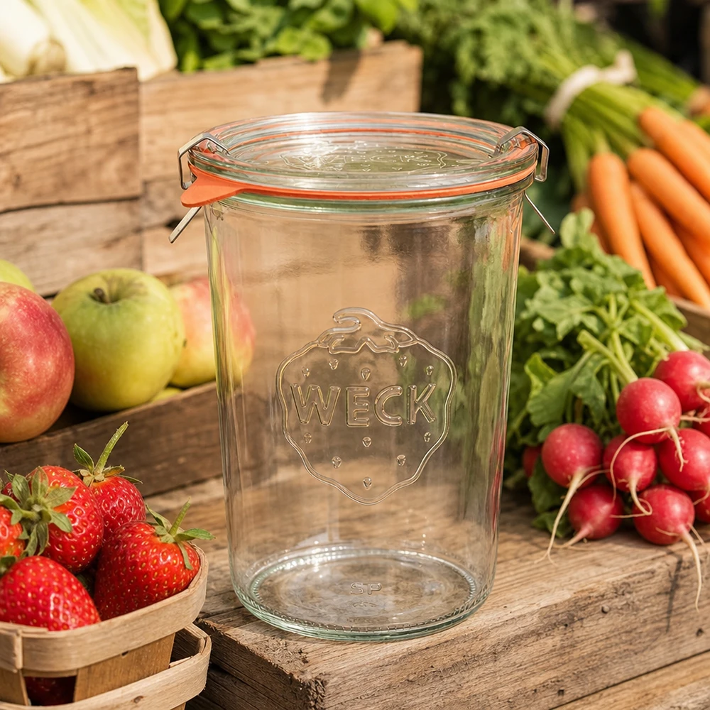 850ml Sturzglas komplett WECK RR100 WECK RR100 Einmachglas 850ml mit frischem Obst und Gemüse auf rustikalem Holztisch als Küchenszene für Vorratshaltung