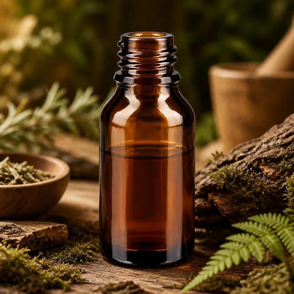 Tropfflasche 15 ml DIN 18 Braunglas 15ml braune Glasflasche ApoGlas in natürlicher Waldkulisse mit Moos Farn und rustikalem Holz für Naturheilkunde