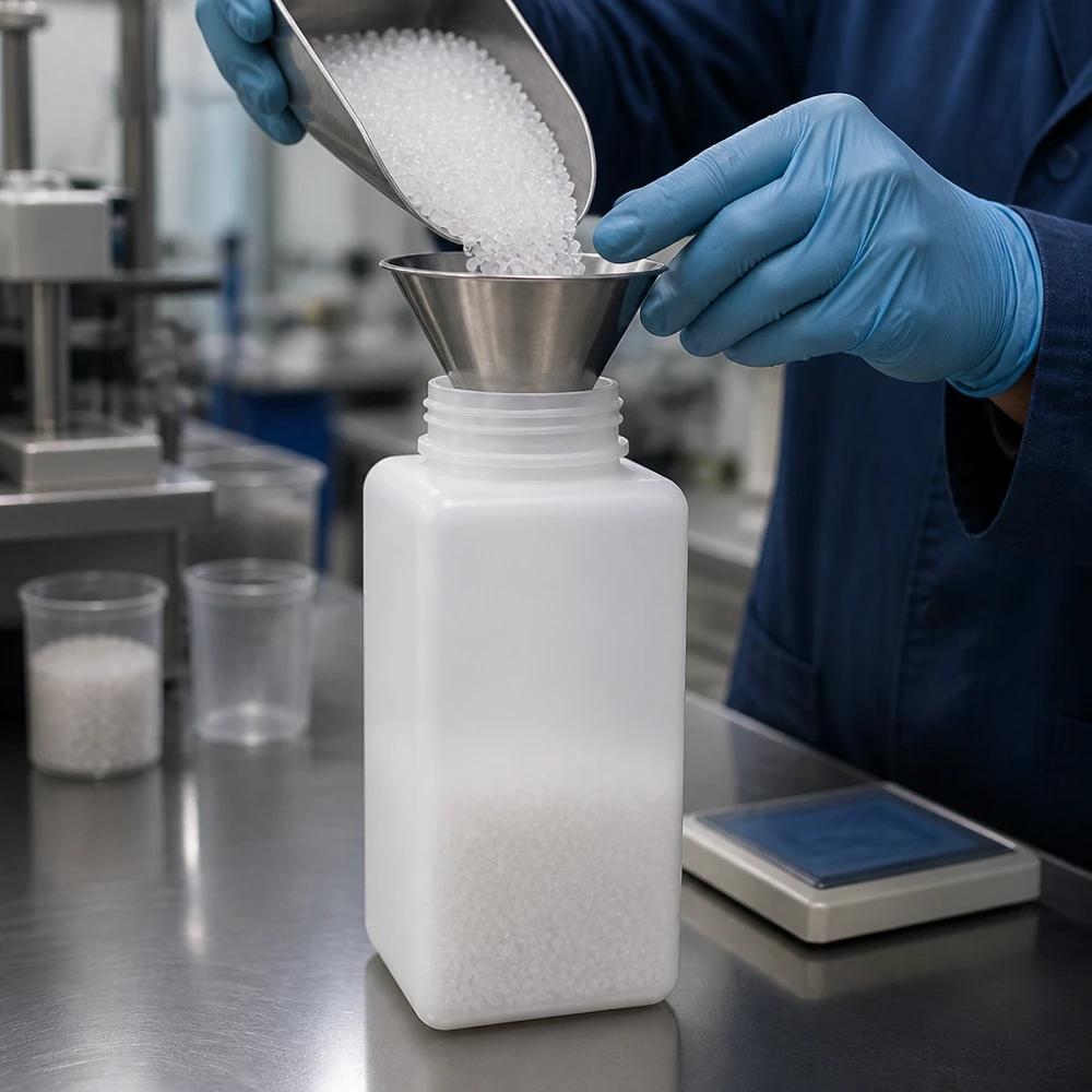 Flacon de produits chimiques à col large de 1 500 ml en PE-HD de couleur naturelle, posé sur une paillasse de laboratoire en acier inoxydable équipée d'une balance