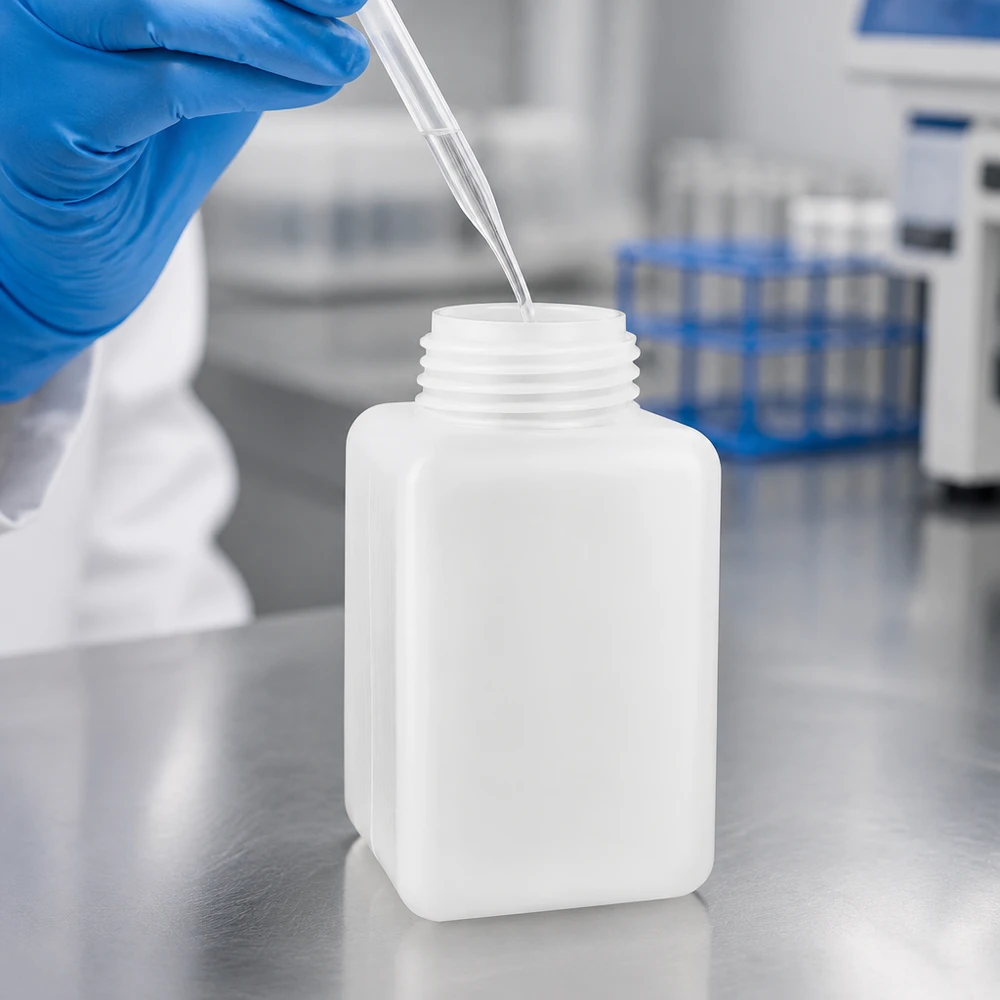 Flacon de produits chimiques en PE-HD de 1 000 ml, de forme rectangulaire, avec une main gantée de bleu dans un laboratoire