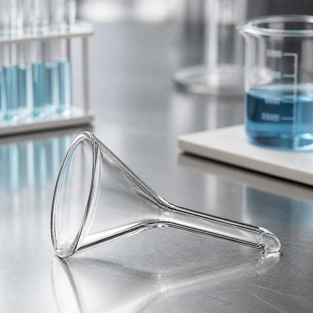 Imbuto di precisione in vetro da 30 mm con angolo di inclinazione di 60 gradi e manico corto per applicazioni chimiche