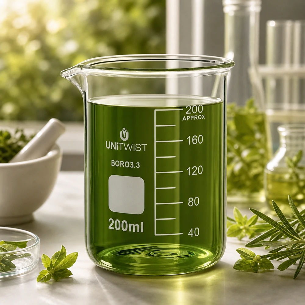 Bicchiere da 200 ml in borosilicato, stampo basso UNiTWIST Bicchiere UNiTWIST da 200 ml con liquido verde circondato da erbe aromatiche fresche su uno sfondo bianco