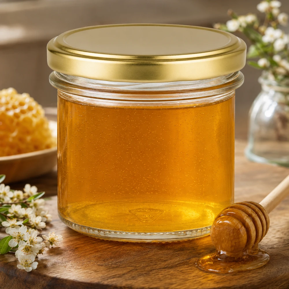 125ml Sturzglas mit BasicSeal Deckel gold UNiTWIST 125ml Sturzglas mit BasicSeal Deckel gold gefüllt mit Honig neben Honiglöffel und Blütenzweigen